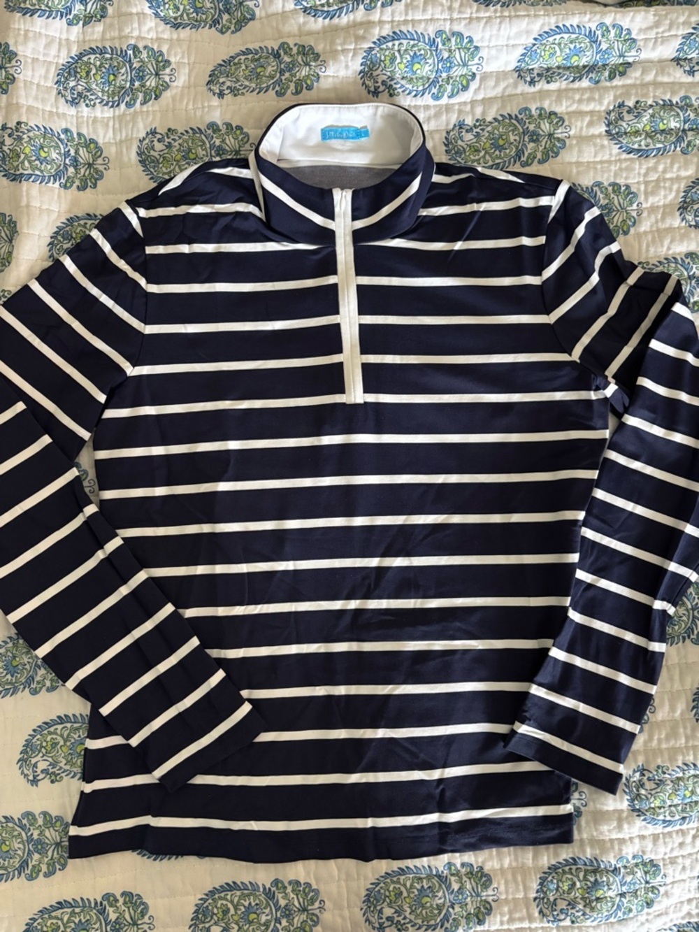 J. McLaughlin Navy and White Striped Zip-Front Top